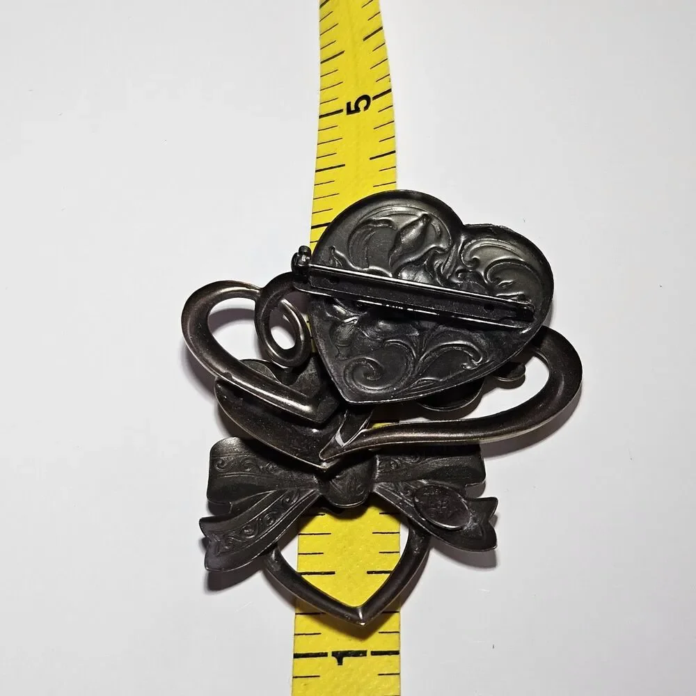 Vintage K&T HEART Brooch Mixed Metal Love Pin Silver Brass Tone Signed Jewelry